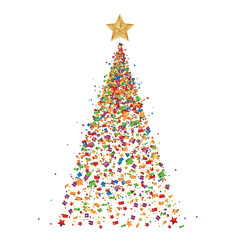 Holiday background with flying confetti, Party confetti pieces and Christmas tree
