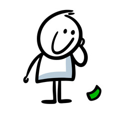 Sketch of doodle character finds banknote on the ground.