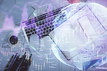 Multi exposure of forex chart drawing over table background with computer. Concept of financial research and analysis. Top view.