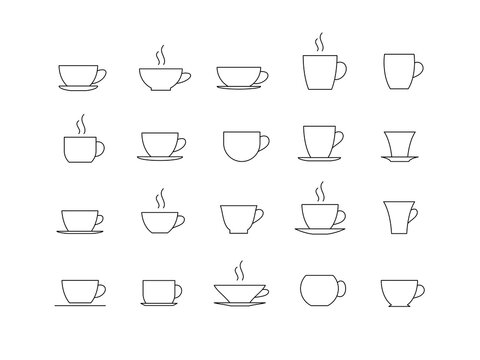 Set of linear coffee cups icons. Tea cups. Vector illustration.