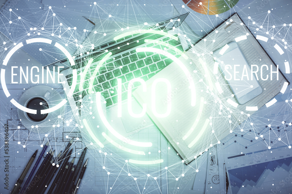 Poster Blockchain theme hologram drawings over computer on the desktop background. Top view. Multi exposure. Concept of cryptoeconomy.