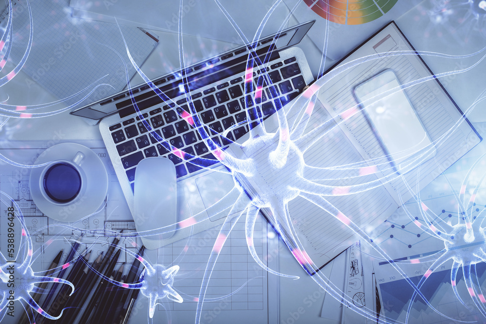 Aufkleber neuron hologram drawings over computer on the desktop background. top view. multi exposure. concept 