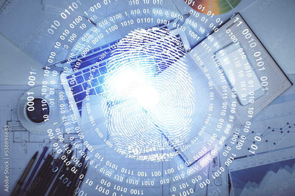 Poster Finger print over computer on the desktop background. Top view. Double exposure. Concept of securitization.