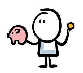 Sketch of a little child with pig bank and a coin saving money.