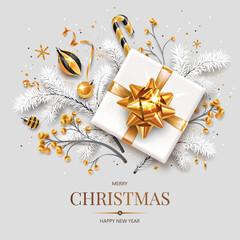Fototapeta na wymiar Square banner with gold and silver Christmas symbols and text. Christmas tree, gift, decoration and other festive elements on white background. 