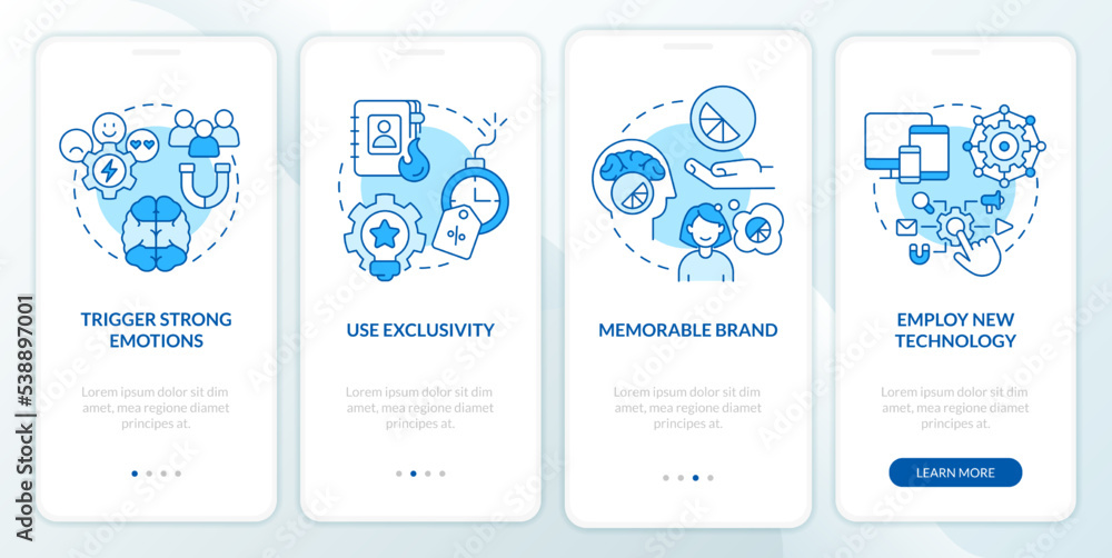 Poster improving client experience blue onboarding mobile app screen. walkthrough 4 steps editable graphic 