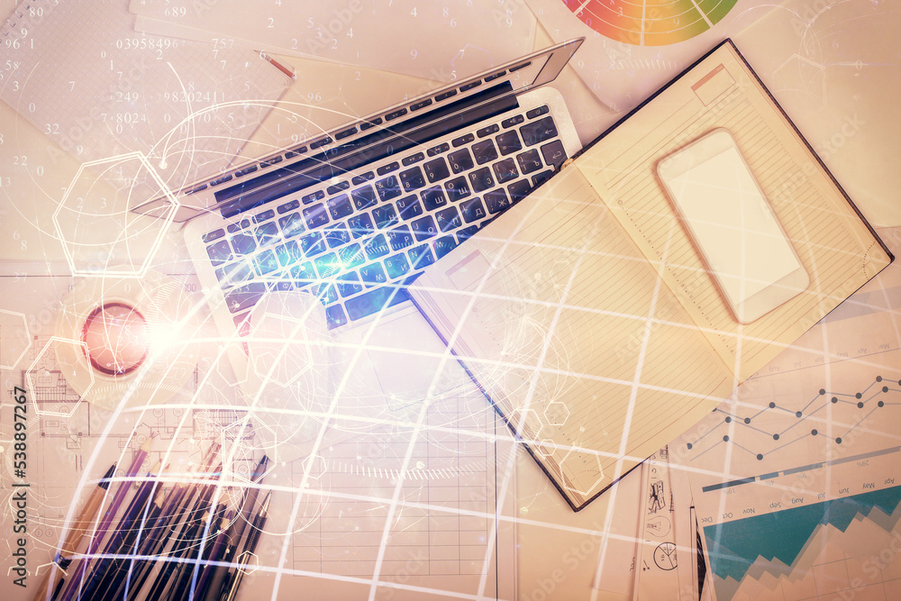 Poster Double exposure of map hologram drawing over study table background with computer. Concept of international network. Top view.