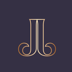 JJ monogram logo.Typographic signature icon.Uppercase letter j character outline.Lettering sign isolated on dark fund.Wedding, fashion, beauty alphabet initials.Elegant, luxury style.