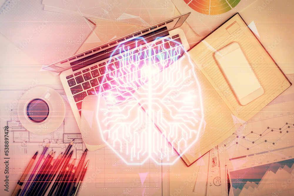 Aufkleber multi exposure of brain sketch hologram over topview work table background with computer. concept of