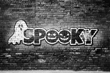 Spooky Halloween Comic Style Graffiti Lettering on Brick Wall 