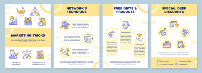 Marketing tricks yellow brochure template. Brand loyalty. Leaflet design with linear icons. Editable 4 vector layouts for presentation, annual reports. Arial-Black, Myriad Pro-Regular fonts used