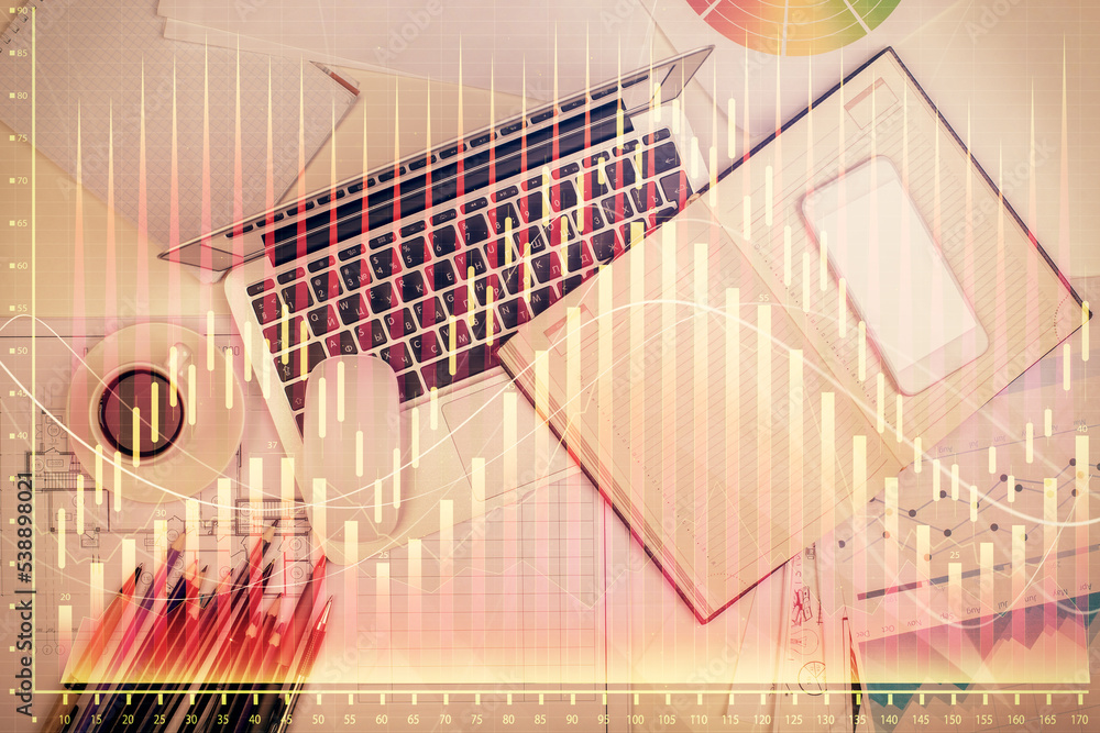 Aufkleber Multi exposure of forex chart drawing over table background with computer. Concept of financial research and analysis. Top view.