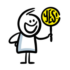 Fototapeta premium Funny cute doodle character with round positive banner in his hand.