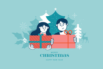 Merry Christmas and Happy New Year greeting card template. Vector illustration for posters, banners, backgrounds, social media, greeting cards.
