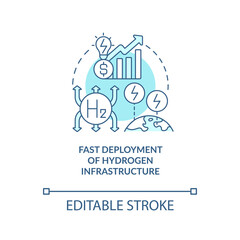 Naklejka na ściany i meble Fast hydrogen infrastructure deployment turquoise concept icon. H2 strategy abstract idea thin line illustration. Isolated outline drawing. Editable stroke. Roboto-Medium, Myriad Pro-Bold fonts used