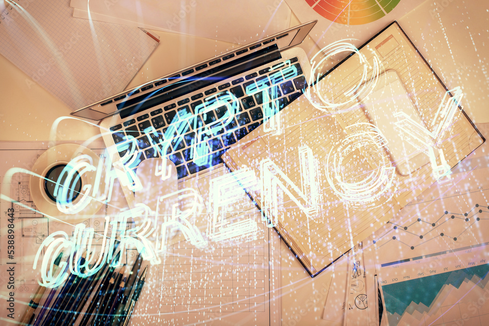 Poster Blockchain theme hologram drawings over computer on the desktop background. Top view. Multi exposure. Concept of cryptoeconomy.