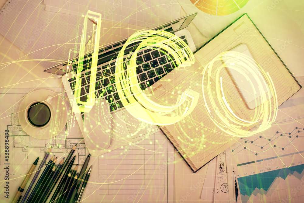 Poster blockchain theme hologram drawings over computer on the desktop background. top view. multi exposure