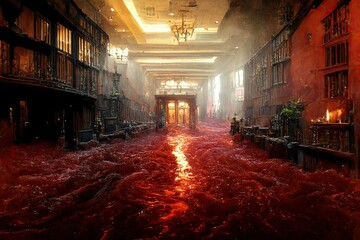 A rivers of blood flowing through the hall of an terrifying haunted hotel of horrors is an excellent description of an indoor nightmare for Halloween theme and horror background. 3D illustration. - obrazy, fototapety, plakaty