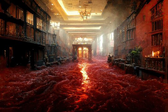 A rivers of blood flowing through the hall of an terrifying haunted hotel of horrors is an excellent description of an indoor nightmare for Halloween theme and horror background. 3D illustration.
