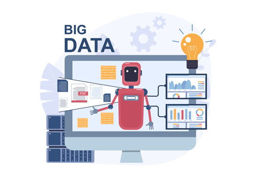 The concept of automated reporting based on big data analysis. Vector illustration.