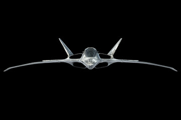 Combat aircraft fighter 5th or 6th generation isolated on black background. The concept of combat aviation, air force, new technologies. 3D illustration, 3D render.