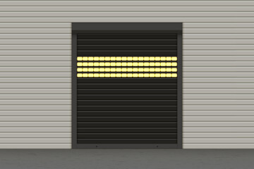 Black closed perforated roller garage shutter door with realistic texture on the light facade and light behind. Metal protect system. Vector steel gate of house or warehouse. Roller up blinds