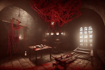 Transylvanian Vampire dungeon's interior of Dracula castle's torture chamber with torture tools and bloody furniture lit by candlesticks for games background. 3D illustration and Halloween theme. - obrazy, fototapety, plakaty