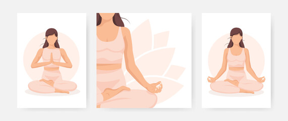 Yoga young woman, card concept. Set of 3 posters. Healthy lifestyle. Template. Vector illustration.