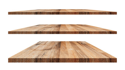 Collection of Brown wooden shelves isolated on white background isolated objects with cut paths for designs.