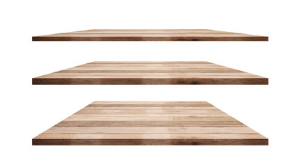 Collection of Brown wooden shelves isolated on white background isolated objects with cut paths for...