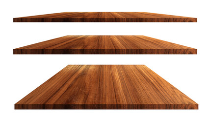 Collection of Brown wooden shelves isolated on white background isolated objects with cut paths for designs.