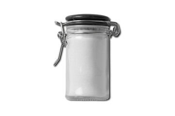 Empty blank glass jar with sugar or salt mockup Isolated on white background. salt cellar,  kitchen glass container storage.3d rendering.