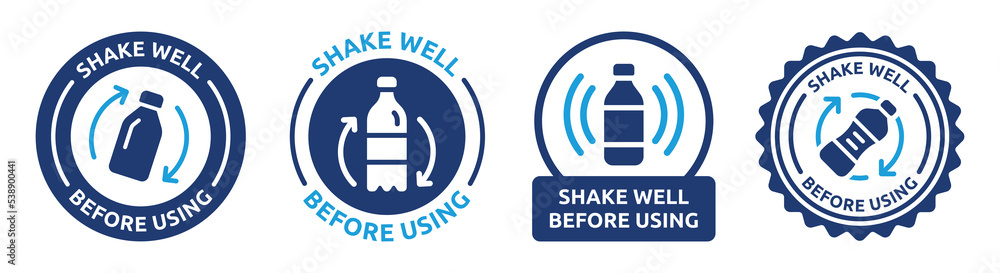 Aufkleber Shake well before using vector label sign. Shake bottle instruction sticker vector set.