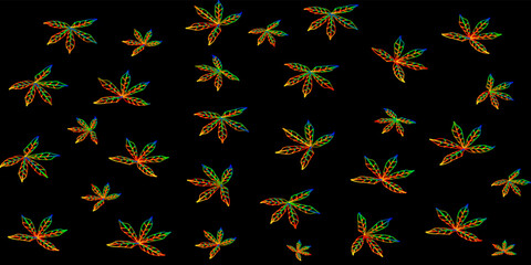 Abstract black background with colorful leaves