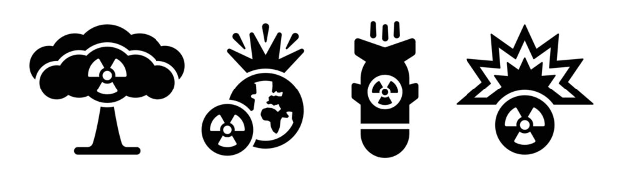 Nuclear bomb icon vector set. Atomic explosion, radioactive blast disaster symbol illustration.