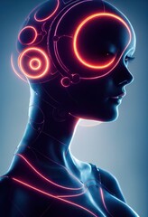 Beautiful illustration of female android in neon lighting. AI GENERATED PORTRAIT IS NOT BASED ON ANY REAL IMAGE OR CHARACTER