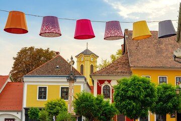 Main square of beautiful Szentendre next to Budapest in Hungary with colorful banner decorations