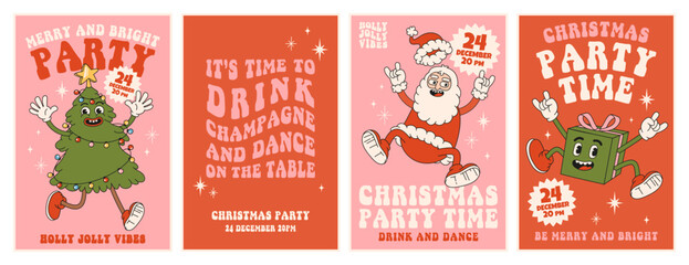 Merry Christmas and Happy New year. Santa Claus, Christmas tree, gift in trendy retro cartoon style. Greeting cards, template, posters, prints, party invitations and backgrounds. Red and pink colors. © Martyshova