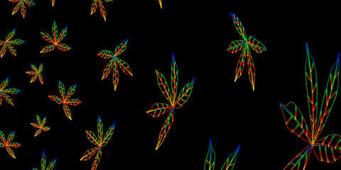 Abstract black background with colorful leaves