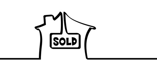 Cartoon sold sign. Hous for sale or home for sale icon or logo. Recommended signboard. For sell lpictogram. Sales or sold slogan. 