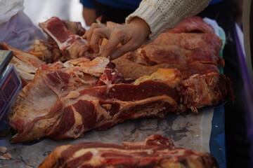 Almaty, Kazakhstan - 10.15.2022 : Sale of beef meat on the market.