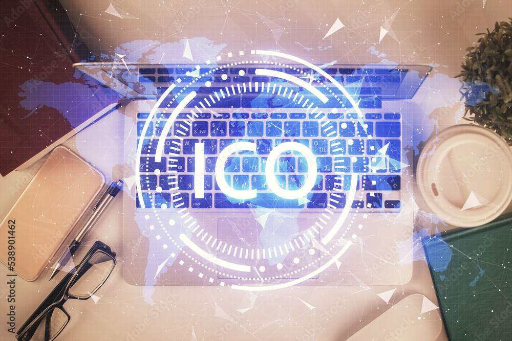 Poster Blockchain theme hologram drawings over computer on the desktop background. Top view. Double exposure.