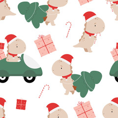 Christmas seamless pattern with cute Dinosaurs. For kids stuff, card, posters, banners, children books, printing on the pack, clothes, fabric, wallpaper, textile or dishes.