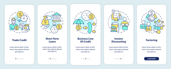 Sources of short term financing onboarding mobile app screen. Walkthrough 5 steps editable graphic instructions with linear concepts. UI, UX, GUI template. Myriad Pro-Bold, Regular fonts used