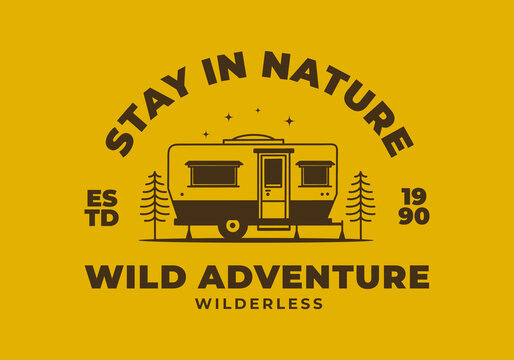 Teardrop camper retro illustration design on yellow background