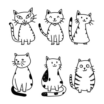Minimalist cats hand drawing sets doodles in abstract style, black and white vector illustration.
