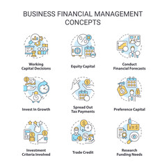 Business financial management concept icons set. Enterprise strategy and approach idea thin line color illustrations. Isolated symbols. Editable stroke. Roboto-Medium, Myriad Pro-Bold fonts used