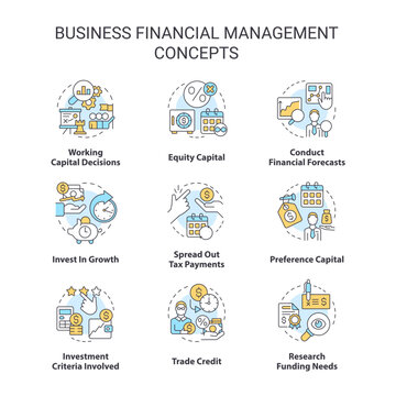 Business financial management concept icons set. Enterprise strategy and approach idea thin line color illustrations. Isolated symbols. Editable stroke. Roboto-Medium, Myriad Pro-Bold fonts used