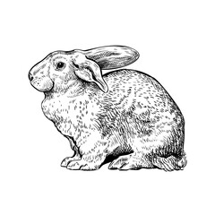 Hand drawn black ink sketch of Rabbit isolated on white background. Vector illustration of Rabbit - symbol of 2023 Chinese New Year. Vintage engrave of Hare. Cute Easter Bunny