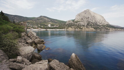 Scenic views on the bay and beautiful rocks. New world in the Crimea, Golitsyn trail, Black Sea coast.